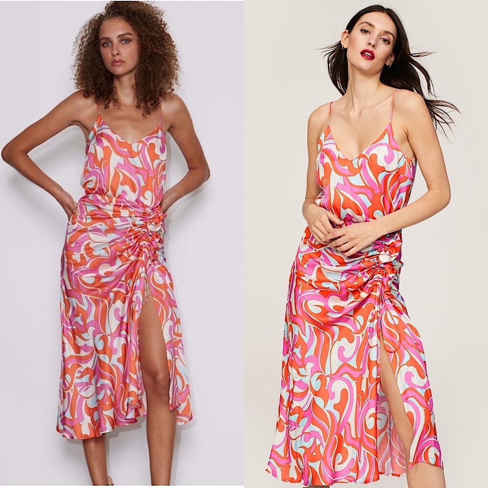 DELFI Satin 70s Swirl Print Sleeveless V-Neck Ruched Side Slit Midi Slip Dress S